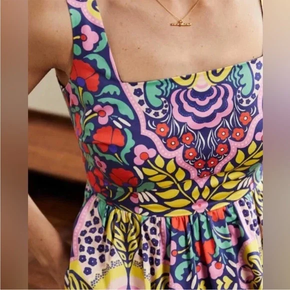 Boden Square Neck Cotton Midi Dress in Vibrant Folk Floral Print - Picture 3 of 15